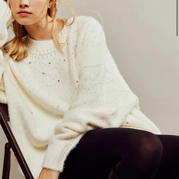 Free People Chart The Stars Sweater Fuzzy Knit Embellished Jeweled Details Ivory - Picture 4 of 6